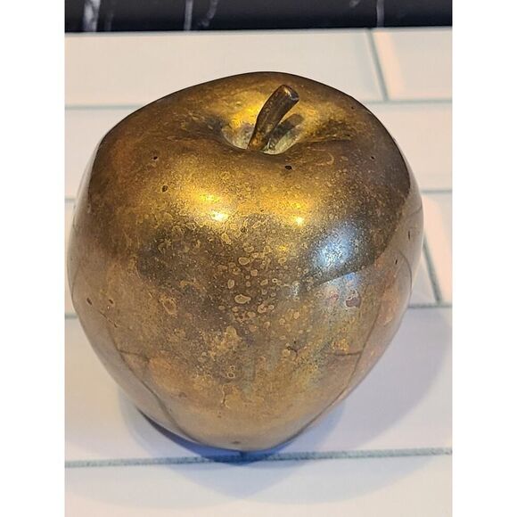 Solid Brass Apple Paperweight Life Size Stem Teacher Gift MCM 3" Home Décor EUC - Picture 4 of 9